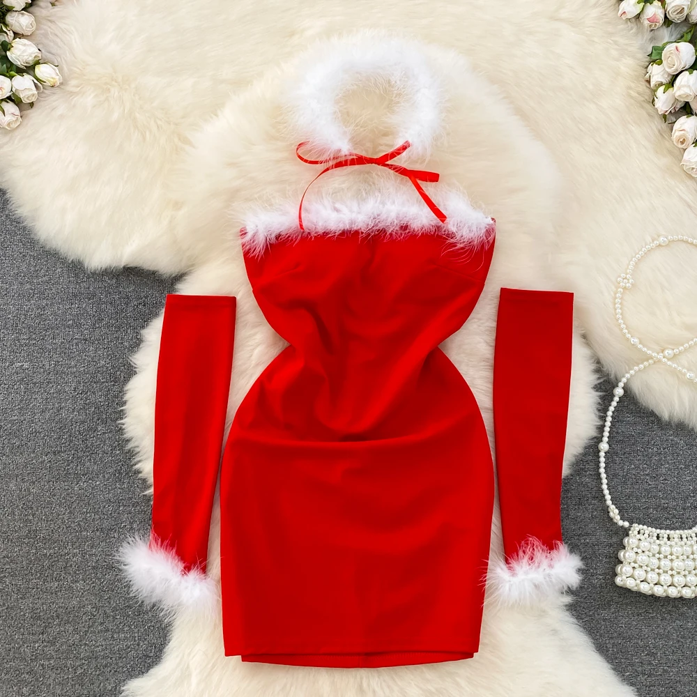 

Clothland Sexy Strapless Mini Dress With Gloves Fur Choker Feather Holiday Christmas Holiday Event Party Sexy Dresses QB499