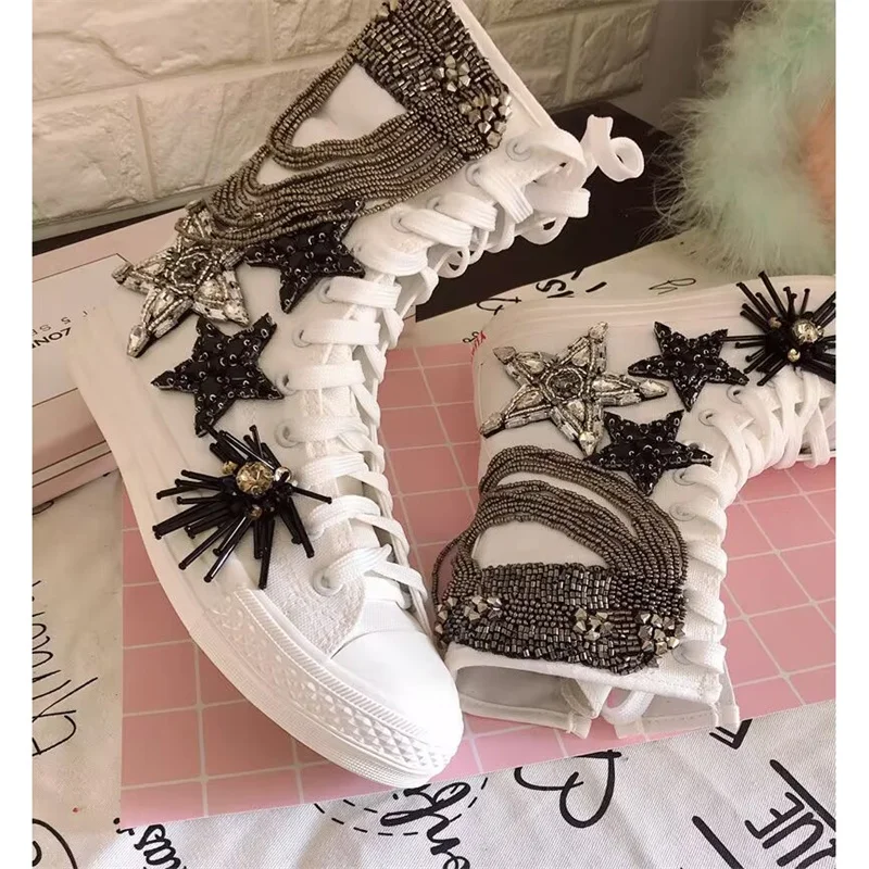 

Silver rhinestone chain hand custom high top canvas shoes fashion classic women 35-40
