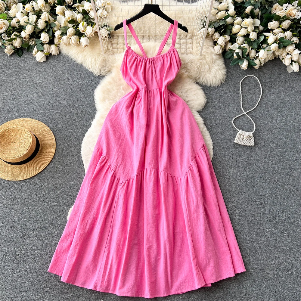 Женское платье с открытой спиной Clothland, розовое платье без рукавов, на шнуровке, с завышенной талией, цельное платье до щиколотки, макси, QC488