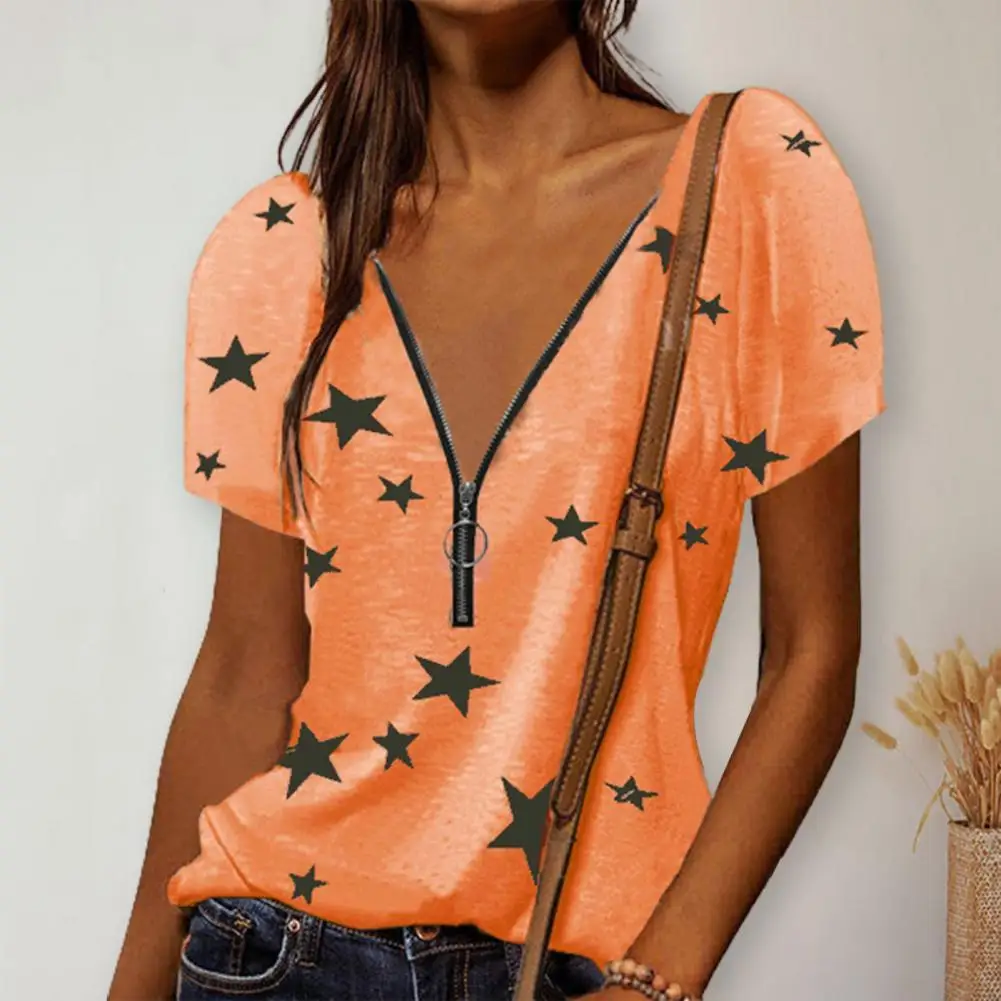 

Summer Top V-neck Short Sleeve Loose Women T-shirt Star Printing Zipper Neck Summer Top Streetwear Loose Female Clothing
