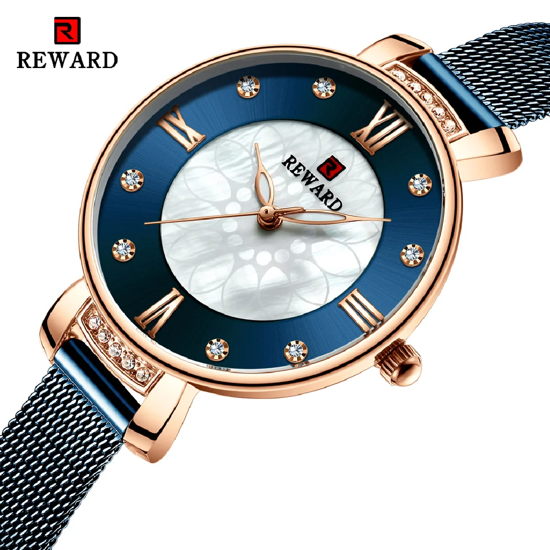 REWARD Fashion Luxury Womens Watch Rhinestone Steel Mesh Strap Quartz Wrist Watch Women Casual Waterproof Watches reloj mujer