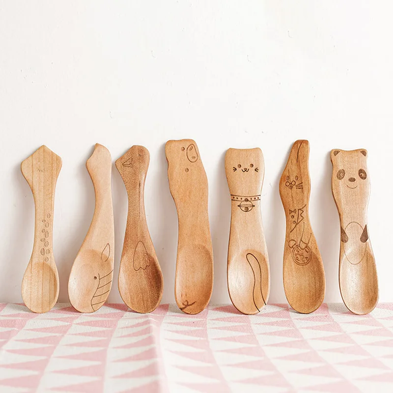 

Милые Мультяшные детские деревянные ложки, кофе, чая, супа, десерты, медовые столовые приборы, Детские кухонные инструменты, посуда