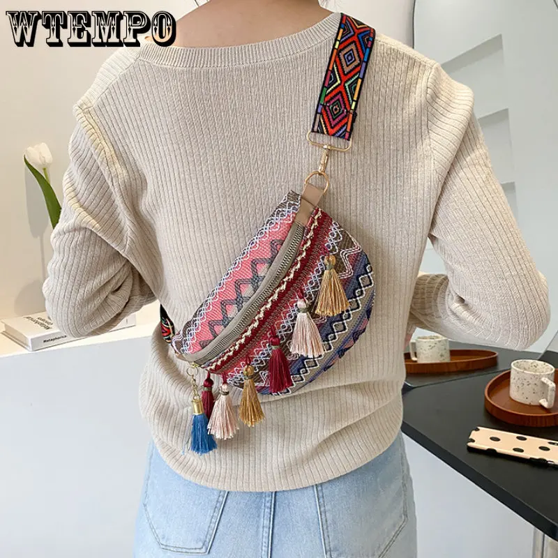 Folk Style Woven Messenger Bag Women's Tassel Waist Bag Retro Leather Shoulder Bag Xinkan Ladies Shoulder Bag Fashion Trend New