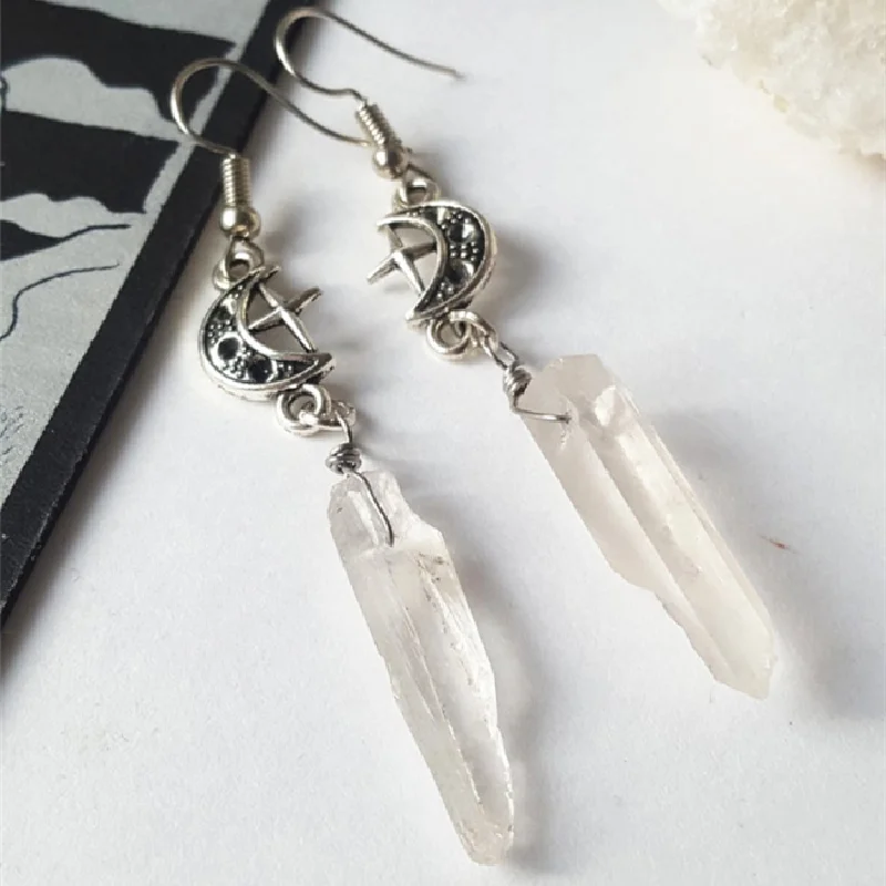 

Clear Quartz Moon Earrings Boho/ Silver Plated Tone Warlock Pentagram And Violet Necklace