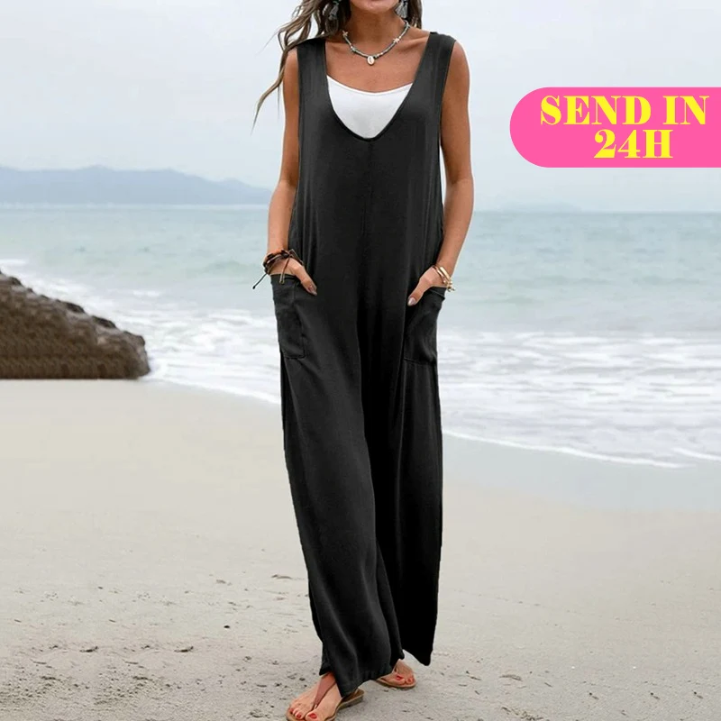 

Women Summer Casual Jumpsuit Sleeveless Wide Leg Rompers With Large Pocket Homewear One Piece Sleeveless Loose Outfit Clothes
