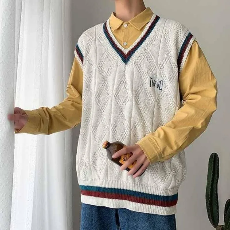 

Пуловер мужской однотонный, мягкий вязаный жилет, в стиле пэчворк, модный Свободный вязаный свитер, в полоску, на осень и весну, повседневный