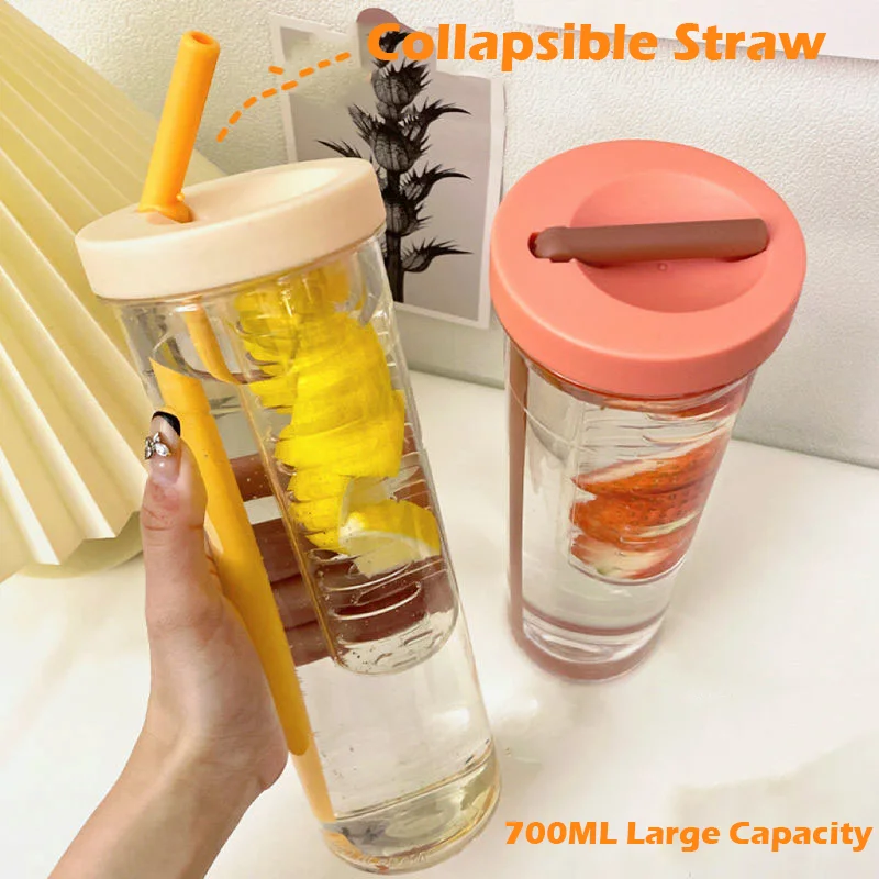 

700ML Water Bottle With Collapsible Straw Reusable Drinking Bottle BPA Free Transparent Coffee Cup Milk and Mocha Cola Juice Mug
