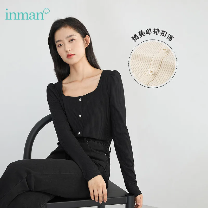 INMAN весенне-осенняя футболка чистый цвет женские топы рубашка приталенный свитер