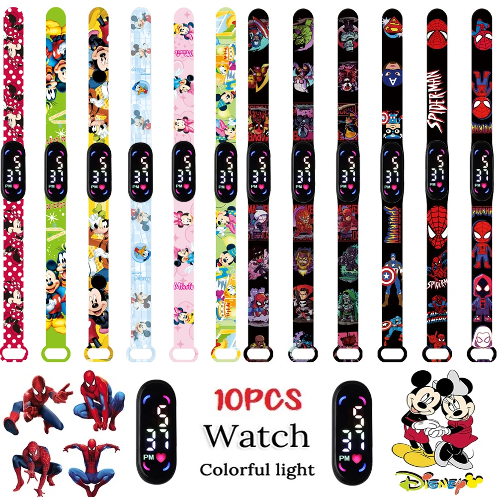 

10PCS Disney Spiderman Kids Watches Waterproof Silicone Strap The Mickey Minnie Children Watch Bracelet Digital Clock
