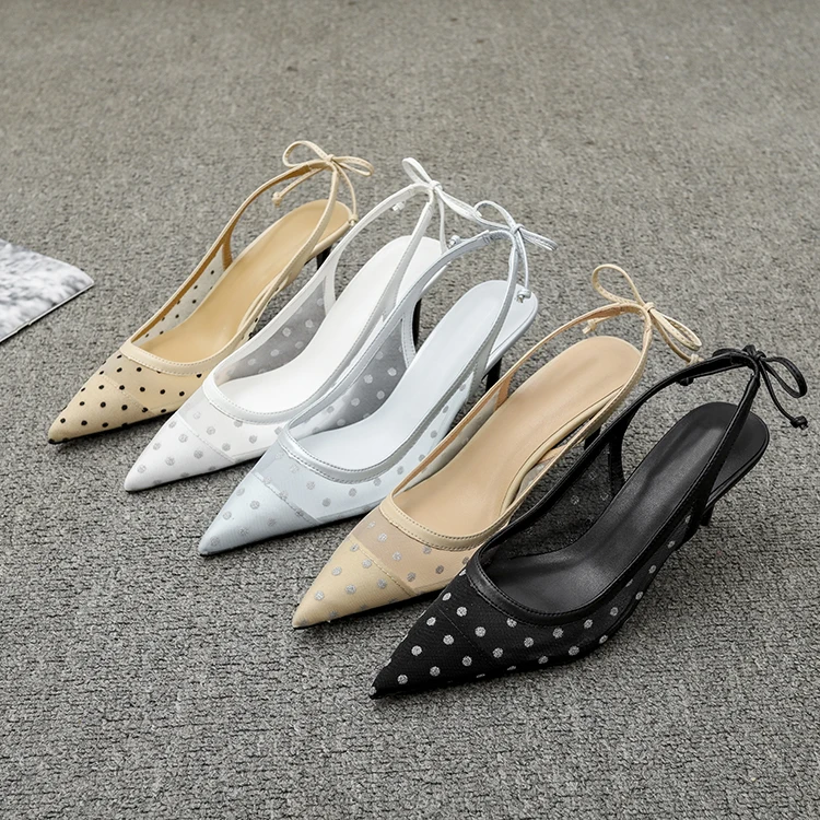 

European station 2021summer new pointed bow stiletto heel fairy shoes sexy Baotou polka dot mesh sandals women