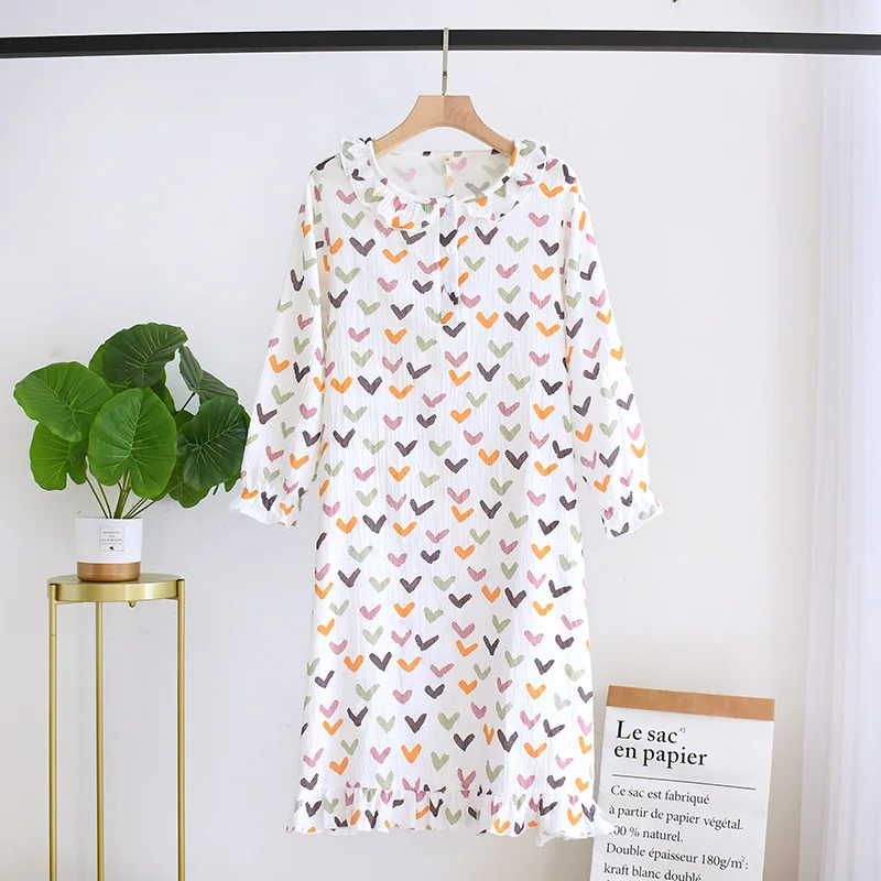 

Nightdress Girls Half Cardigan Pullover Lace Collar Long Sleeve Cotton Crepe Cute Over-the-knee Thin Solid Lovely Spring Pajamas