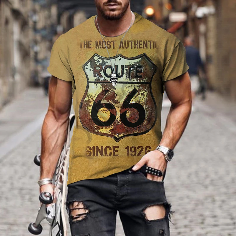 

Oversized T Shirt Men Printed 3D America Route 66 Streetwear Top Tees Casual Punk Short-Sleeved Tracksuit O-Neck Male Clothing