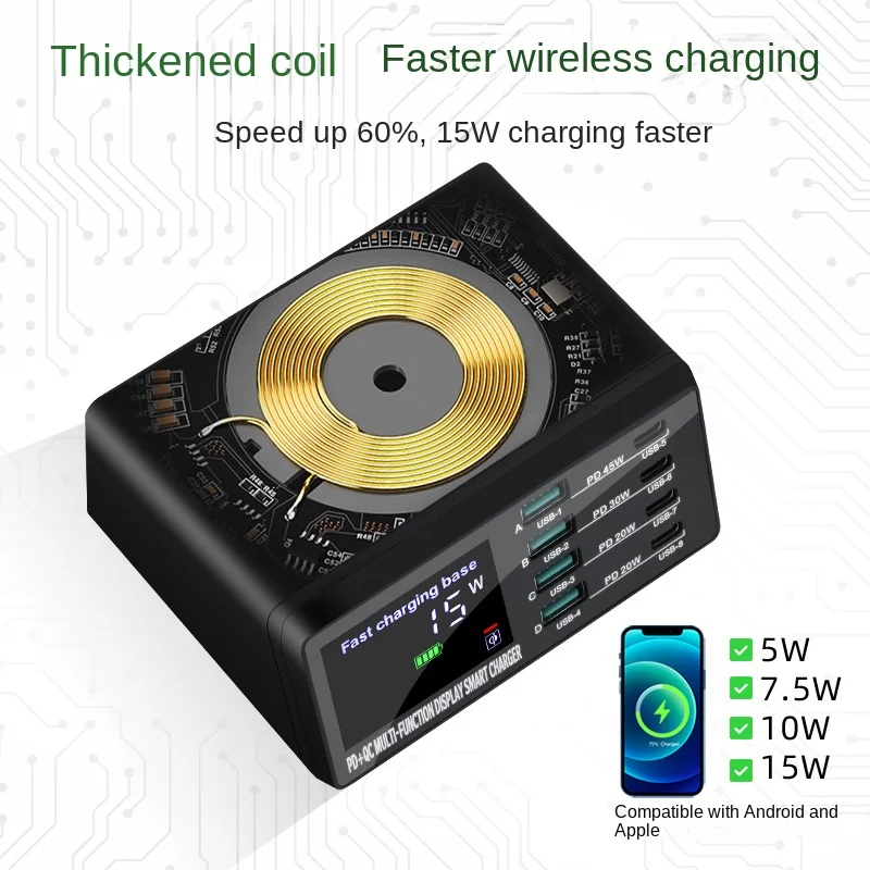 

Cross-border Hot-selling Smart 110W High-Power PD45W Fast Charger QC3.0 Charging 15W Wireless Charger