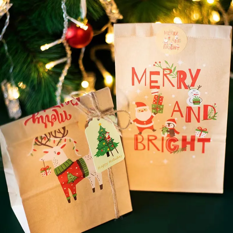 

24Set Christmas Kraft Paper Bags Santa Claus Snowman Xmas Party Favor Bag Christmas Candy Cookie Gift Bag Pouch Wrapping Supply