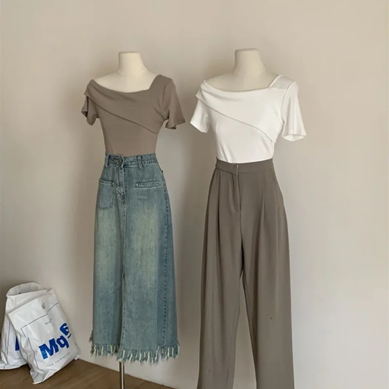 

BEENLE Woman Summer 2023 Short-sleeved T-shirt Slim Bottoming Shirt Off-shoulder One-line Shoulder Tops Casual Elegant Tees