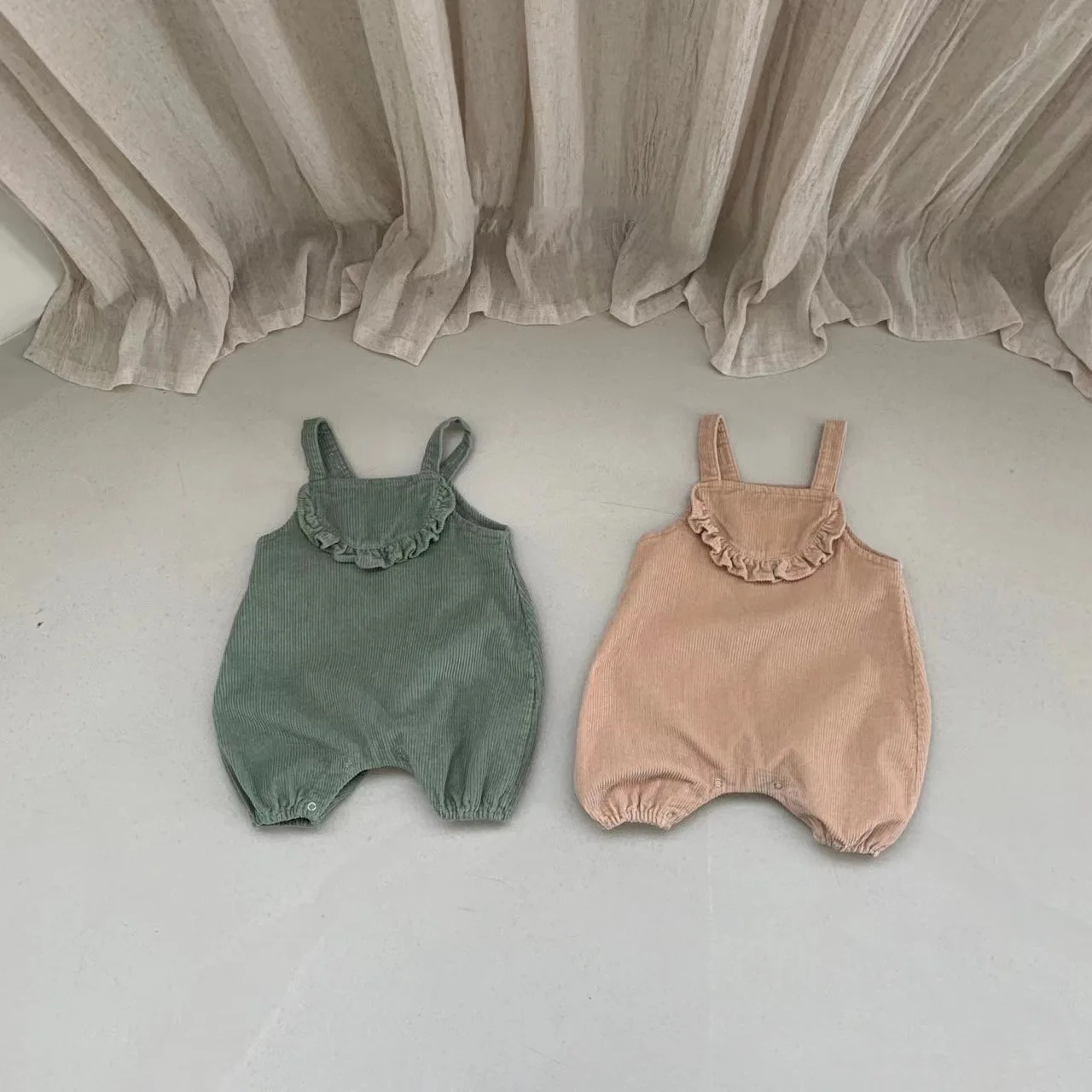 

2022 Toddler Baby Cotton Pants Overalls Autumn Winter Solid Color Square Neck Ruffle Jumpsuit with For Toddler Girls