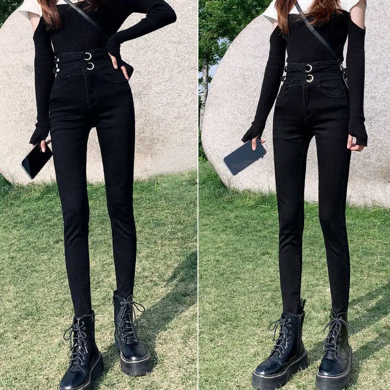 

New Casual Straight Pants 2023 Women Autumn Lady Double Breasted Elastic High Waist Trouser Female Elegant Pants All-match C6