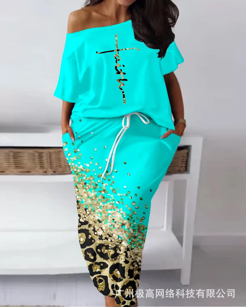 

Faith Letter Pattern Top & Contrast Leopard Print Skirt Set Women Short Sleeve Tops T Shirt High Waist Skirt Summer