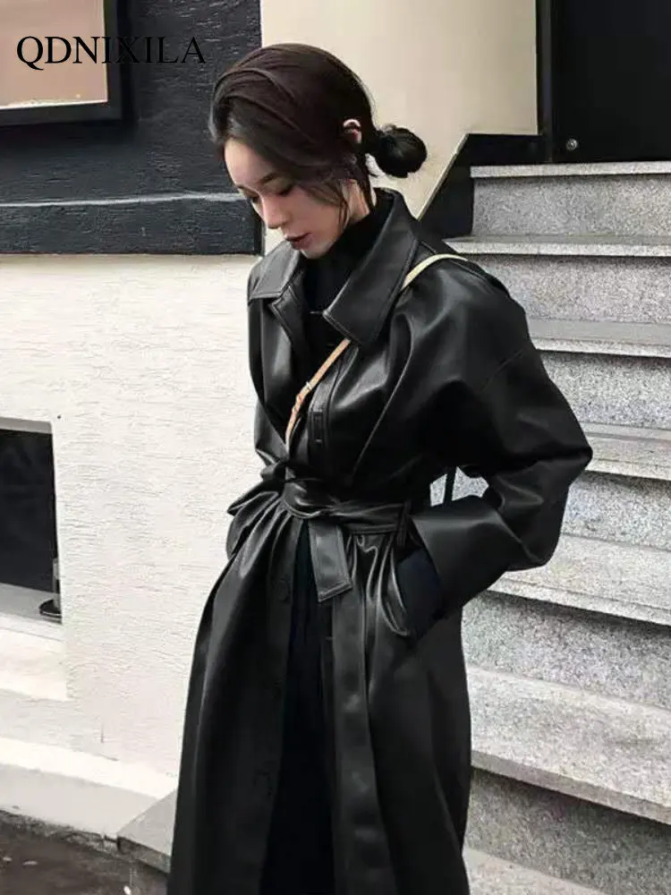 Super Handsome PU Woman Trench Coat Spring and Autumn New In Outerwears Korean Leather Jacket Over-the-knee Long Coat Women