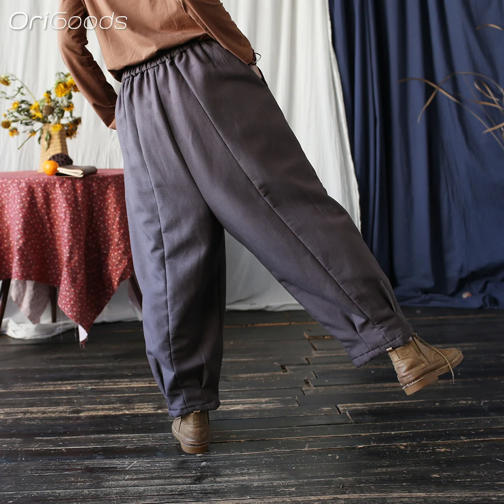 Женские зимние штаны из хлопка и льна X098 свободные утепленные флисовые брюки с