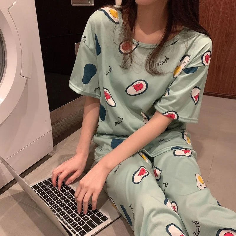 

Pajamas for Women Summer Round Neck Short Sleeve Cartoon Pijama Cute Sweet Loose Student Loungewear Sleepwear Suit Women's Suit