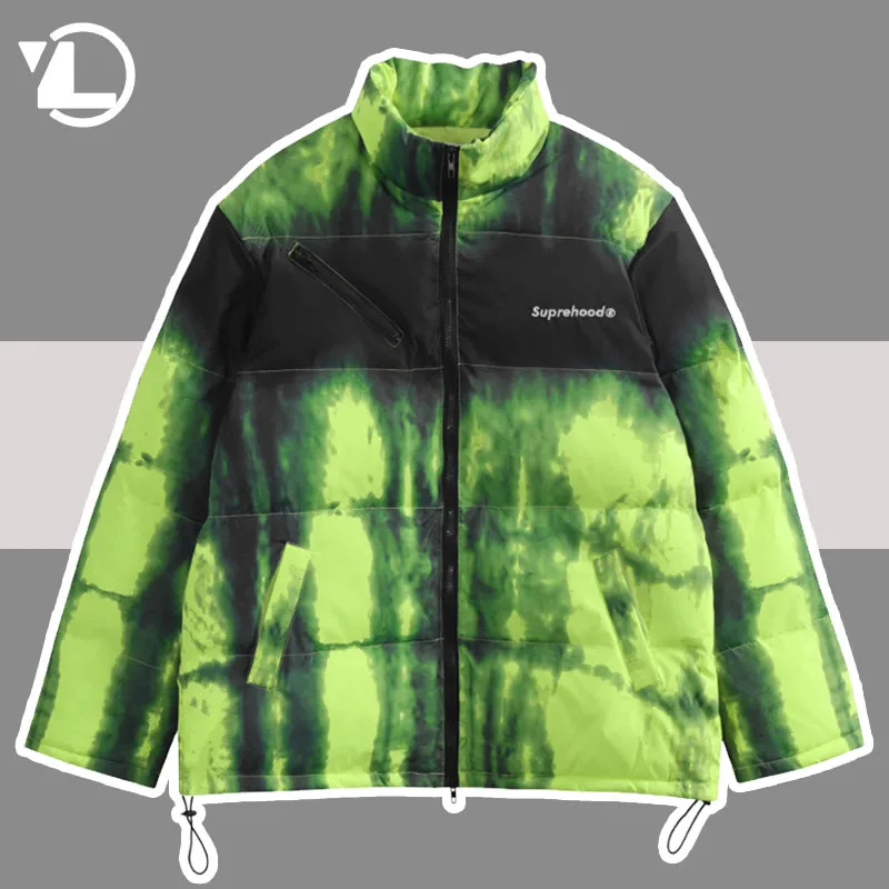 Winter Tie-dyed Parka Men Retro Letter Embroidery Thicken Wram Coat Streetwear Loose Stand Collar Bubble Outwear Unisex 2022