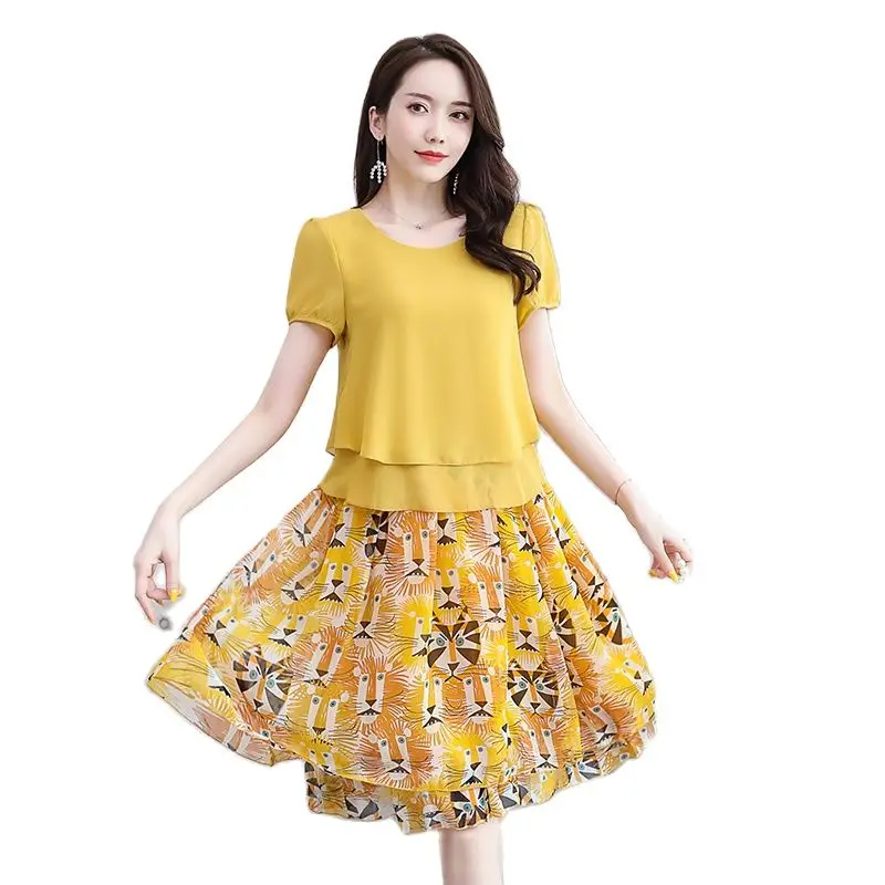 

Hot Chiffon Korean Version Loose Belly Slim Floral Women Two-piece Skirt Round Neck Short Sleeve Elastic Waist Elegant Lady Suit