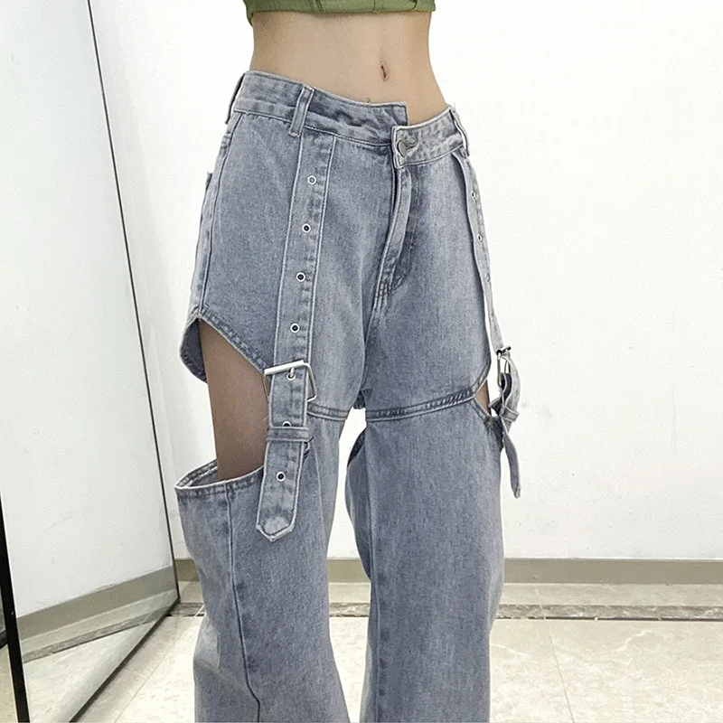 Fall 2023 New Women's Solid Color High Waist Loose Casual Hole Hollow Casual Denim Wide Leg Pants Fashionable Streetwear