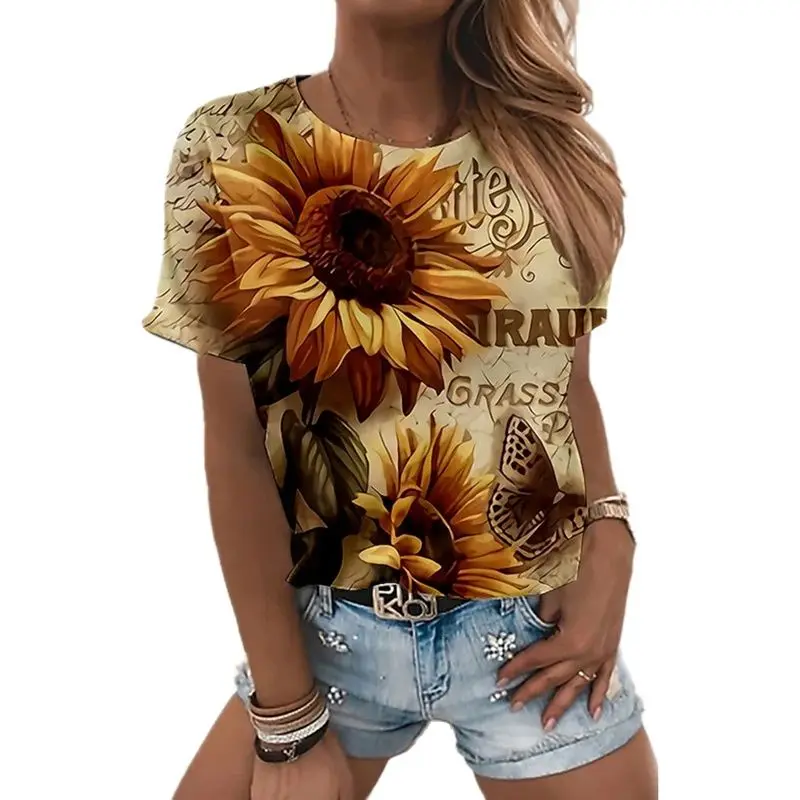 

2022 Women's T-shirt 6xl Breathable Casual Short Sleeve Sunflower 3d Printing Summer Ladies Tees Round Neck Shirt