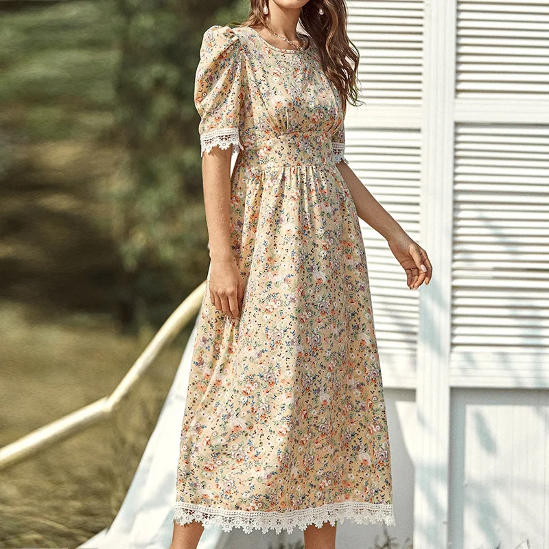 

Fashion Print Floral Dresses French Over The Knee Lace Dresses for Women High Waist Vestidos Robes 2022