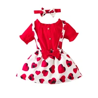 lovely baby girls skirts set off shoulder short sleeve buttoned solid color tops heart suspender skirts with bow knot headband