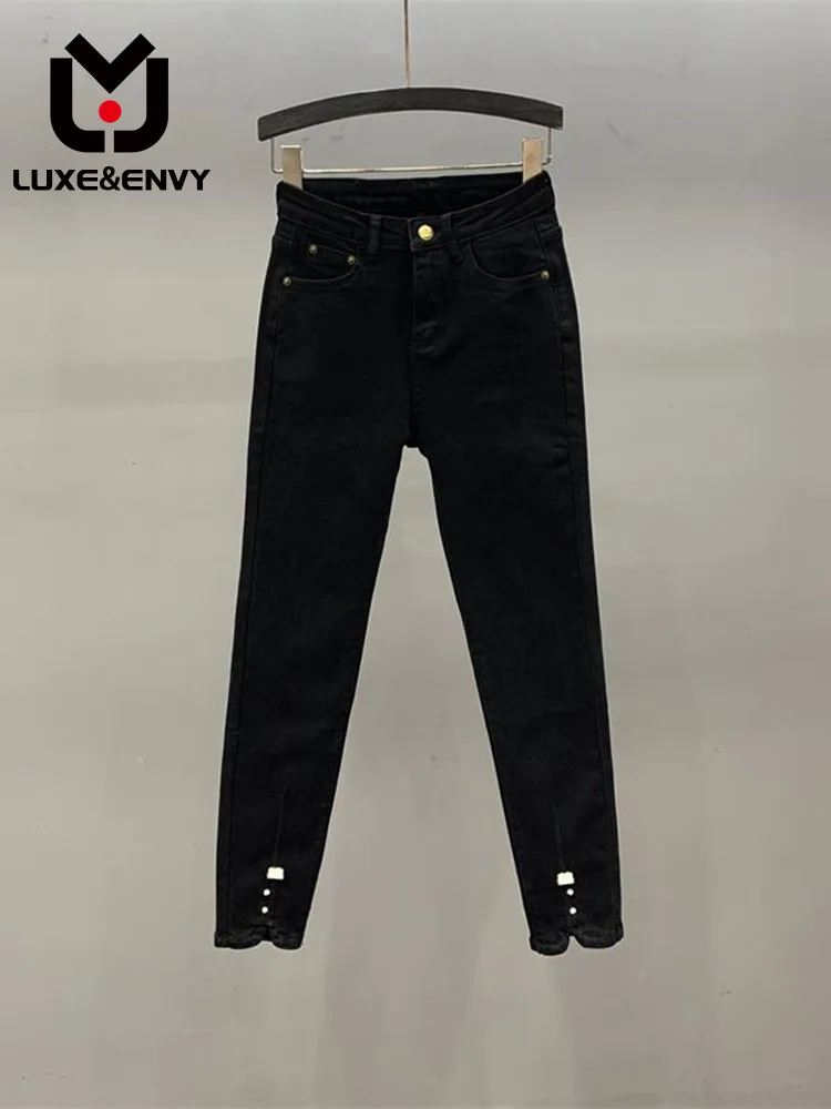 

Джинсы-карандаш LUXE & ENVY черные женские, осень 2032, новые универсальные эластичные узкие брюки с высокой талией и разрезом