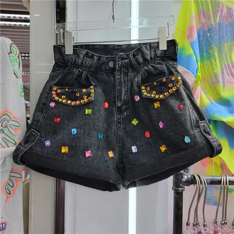Women's Summer 2023 New Women's Short Pants Exquisite Rhinestone High Waist Slimming and Wide Leg Denim Shorts for Lady