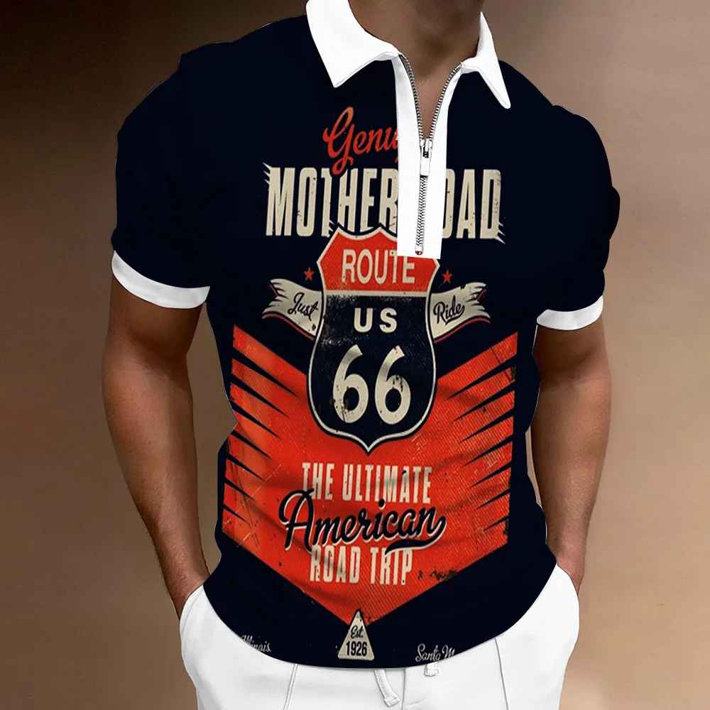 

Summer Men's Fashion T-Shirt POLO Shirt Top Alphanumeric 66 Motorcycle Pattern 3D Printed Short Sleeve Shirt Zip Lapel Golf