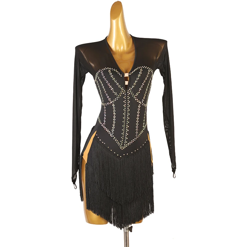 

Latin Dance Dress Woman Girl Diamond Tassel Professional Competition Adult Long sleeved Latin dance accessories Tango Costume