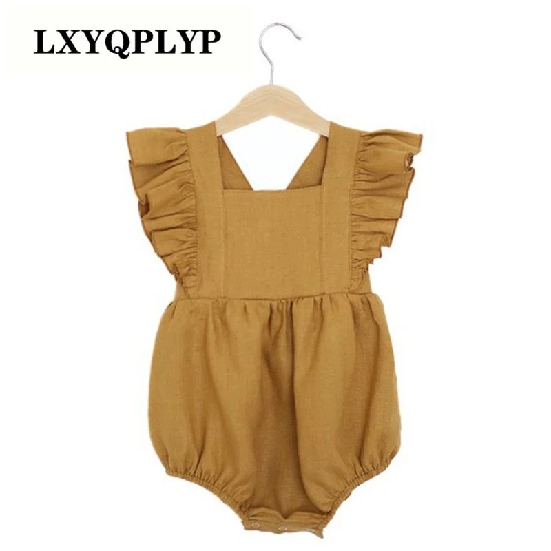

Girls' hemp cotton triangle rompers European and American solid color suspenders jumpsuits girls' suspenders romper baby girl