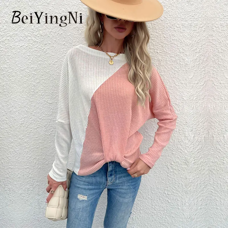 

Beiyingni Fashion Sweater Women's O-neck Long Sleeve Spell Color Loose Pink Knitting Female Pullover Casual Streetwear Jumper