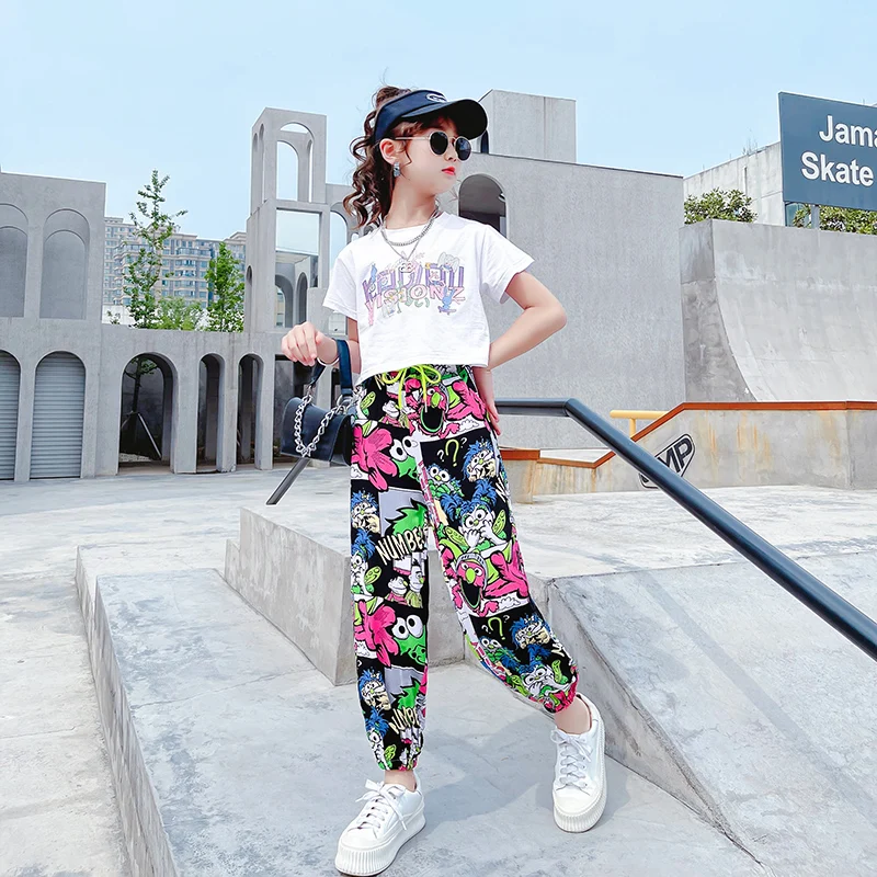 

Summer Girls Costume Cartoon dress Suit Tees Student Outfits Short Sleeve t-Shirt Tops Elastic Waist Sweatpants Hip Hop Sets 12T