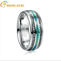 bonlavie 8mm tungsten carbide ring inlaid black meteorite green opal men ring wedding band engagement ring jewelry