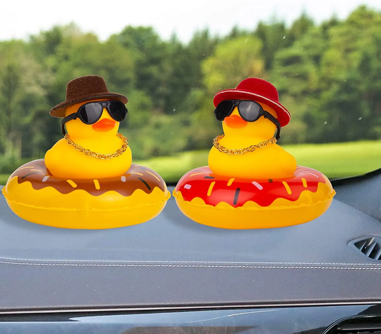 

2Pcs Car Decoration Dashboard Ornament Mini Duck with Swimming Ring Necklace, Auto Interior Accessories Decor for Party Favours
