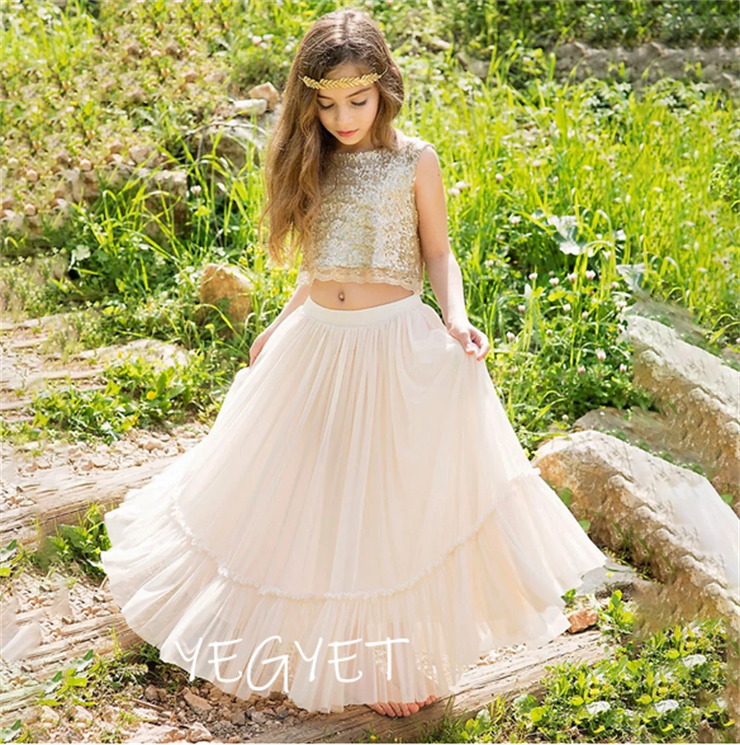 

Two Pieces Boho Rustic Flower Girls Dress A Line Tiered Tulle Sequin Bohemian Pageant Birthday Princess Junior Bridesmaid Gowns