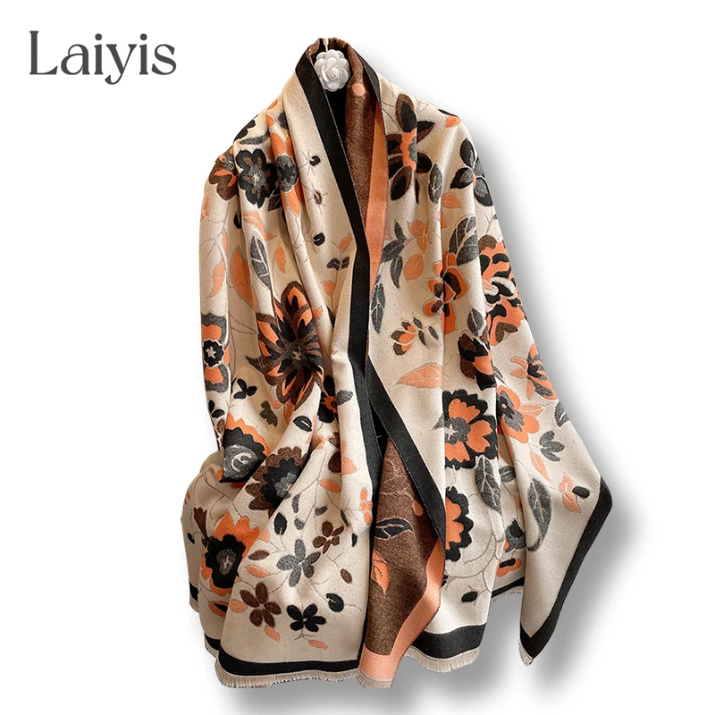 

2022 New Floral Cashmere Scarf Women Winter Pashmina Shawls Thick Female Warm Blanket Wraps Fashion Lady Bufanda Bandana