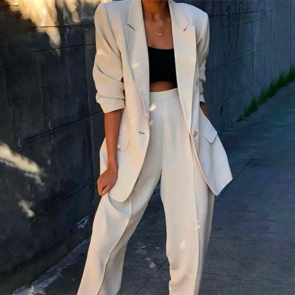 Light Green Women Suits 2 Pcs Peak Lapel Office Ladies Business Jacket+Pants Formal Loose Blazer Uniform Style Female Pantsuit