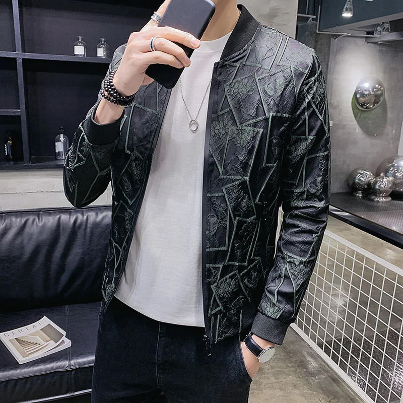 Vintage Floral Print Jackets Streetwear Men Autumn Slim Fit Jacquard Jacket Coats Men Bomber Jacket Vintage Casual Club Outfit