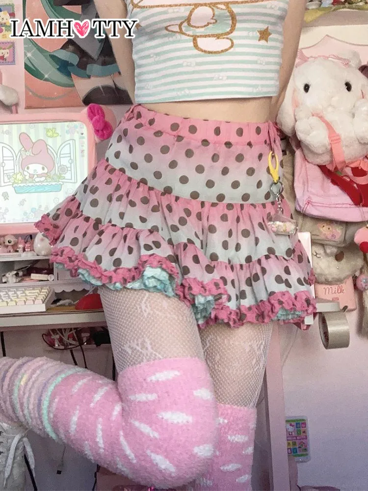 

IAMHOTTY Dot Print Ruffle A-line Skirt Pink High-waisted Kawaii Mini Skirt Japan Style Lolita Skirts Fairycore Aesthetic Outfit