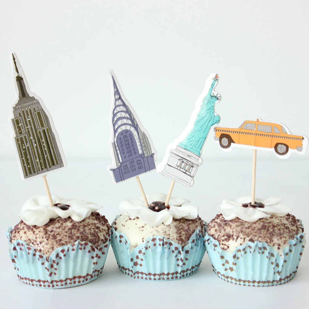

24Pcs/set New Cute New York State Yellow Taxi Statue Liberty Cupcake Topper Cake Decor Party Supplies DIY Decor Hot sale