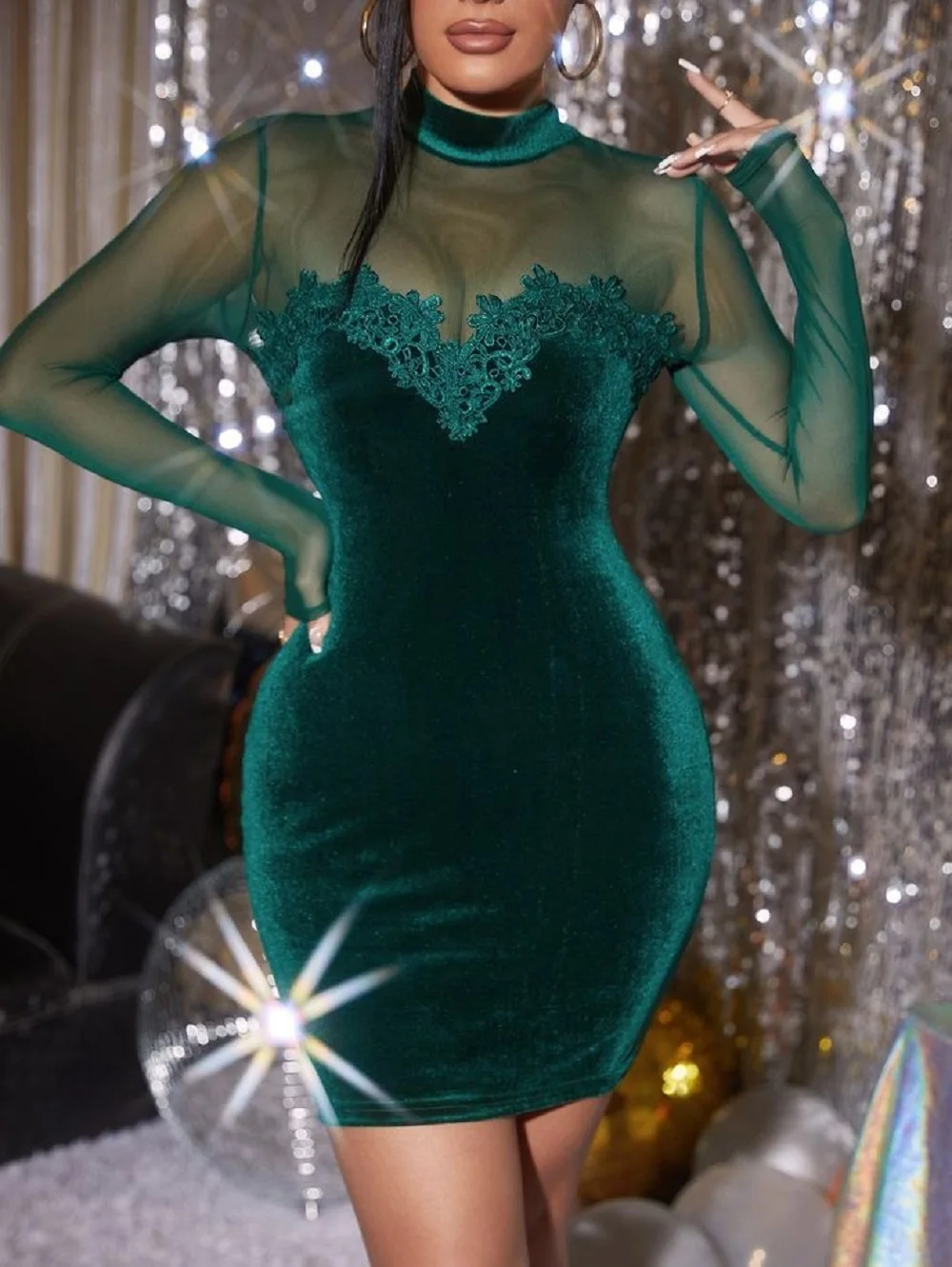

Темно-зеленое блестящее платье с высокой горловиной, искусственное платье для выпускного вечера, велюровое вечернее платье до колена с аппликацией