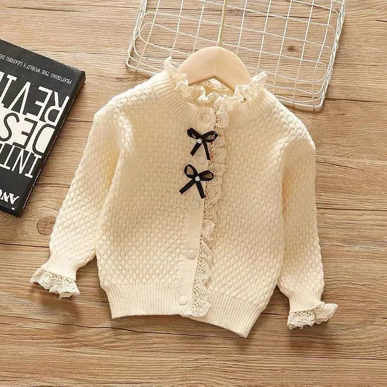 

Kids Girls Knitted Sweaters Lace Bow Stitching Cardigan New Arrival Children Autumn Winter Sweaters Baby Girl Winter Clothes