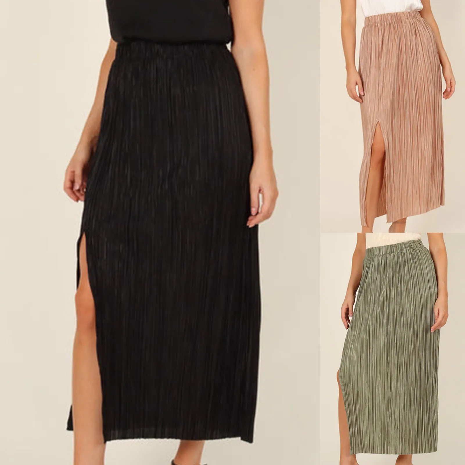 

Solid Pleated Long Skirt Women Korean Fashion Ladies Work Casual Elastic High Waist A Line Party Skirts Spring Summer Tunic Skir