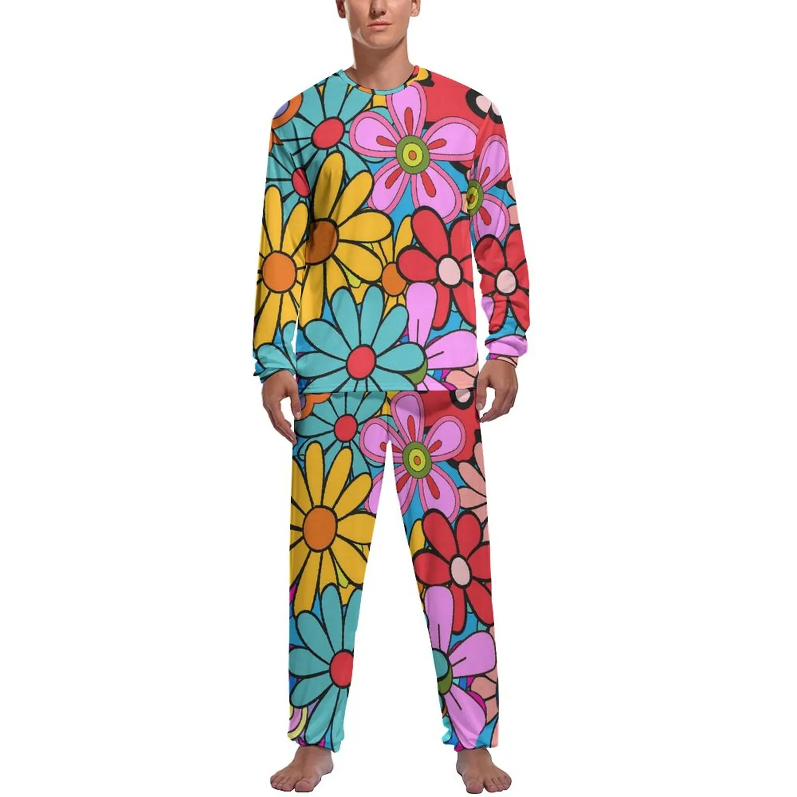 

Flower Power Pajamas Retro 60s 70s Man Long Sleeve Trendy Pajamas Set 2 Piece Bedroom Spring Pattern Sleepwear Gift Idea